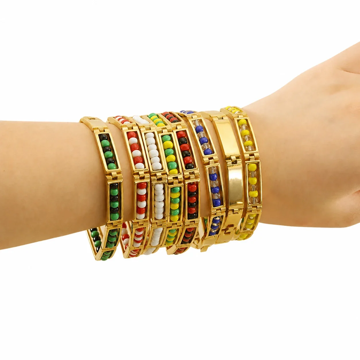 Vivid Gold-Plated Bar Link Beaded Stainless Steel Bracelet
