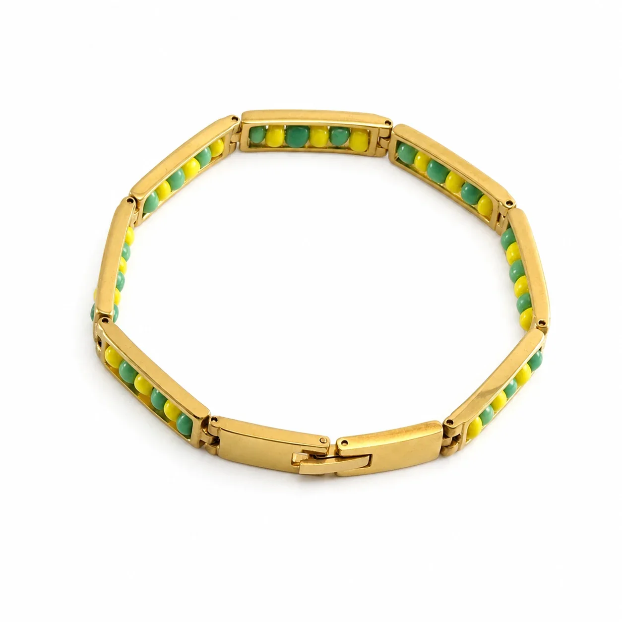 Vivid Gold-Plated Bar Link Beaded Stainless Steel Bracelet - Gold Yellow Green