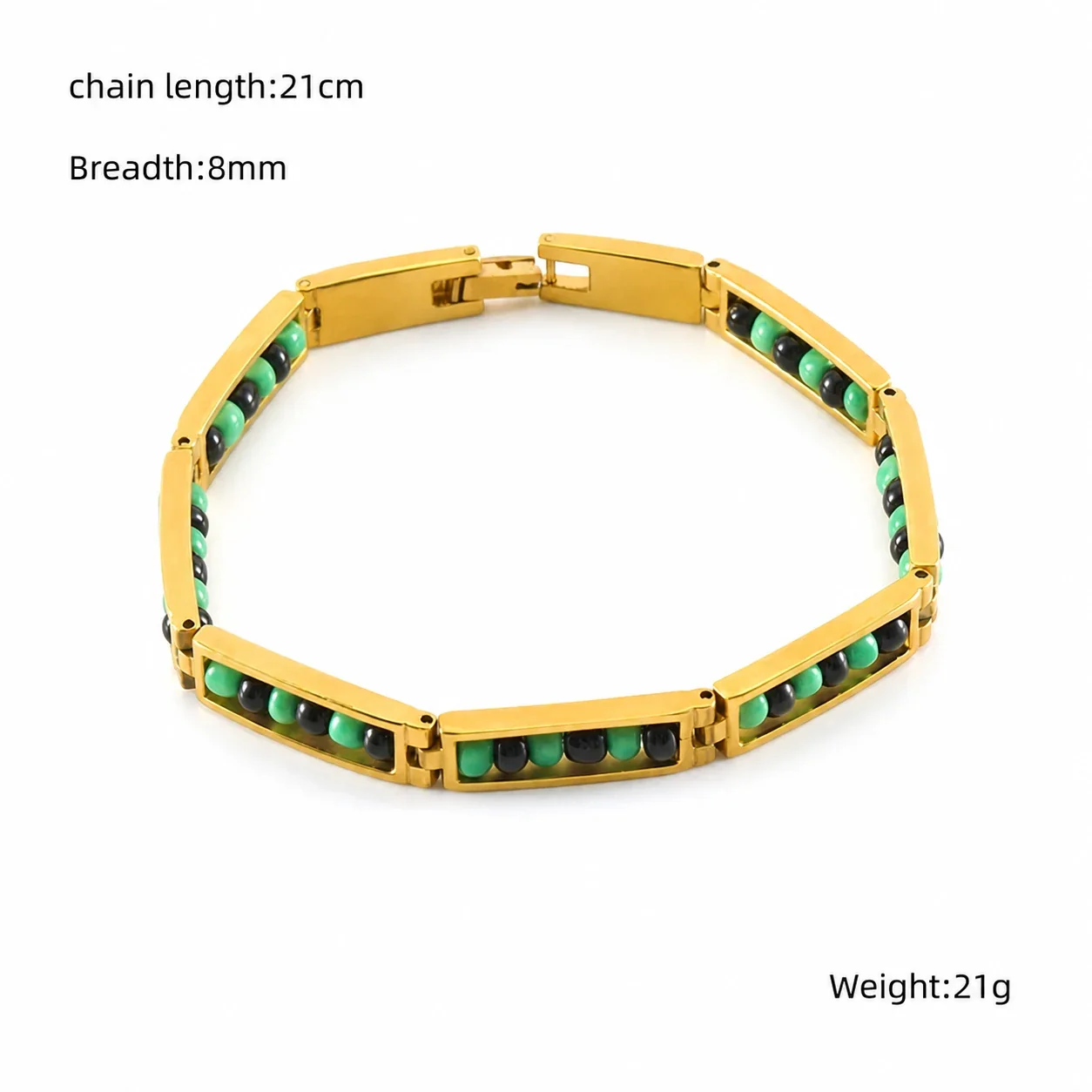 Vivid Gold-Plated Bar Link Beaded Stainless Steel Bracelet - Gold Black Green