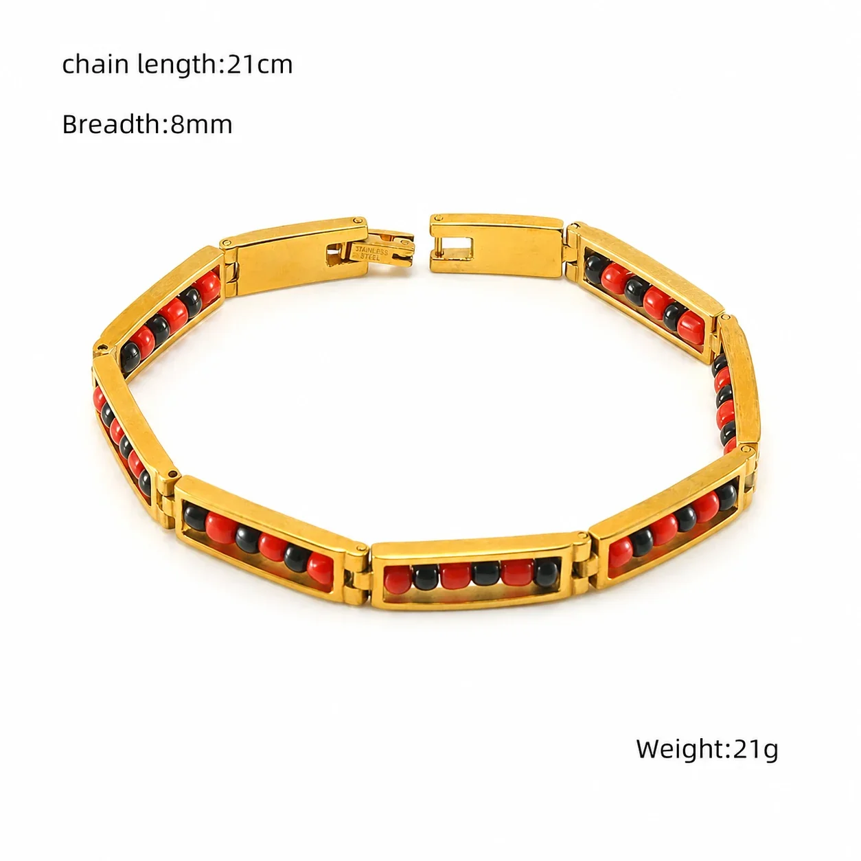 Vivid Gold-Plated Bar Link Beaded Stainless Steel Bracelet - Gold Red Black