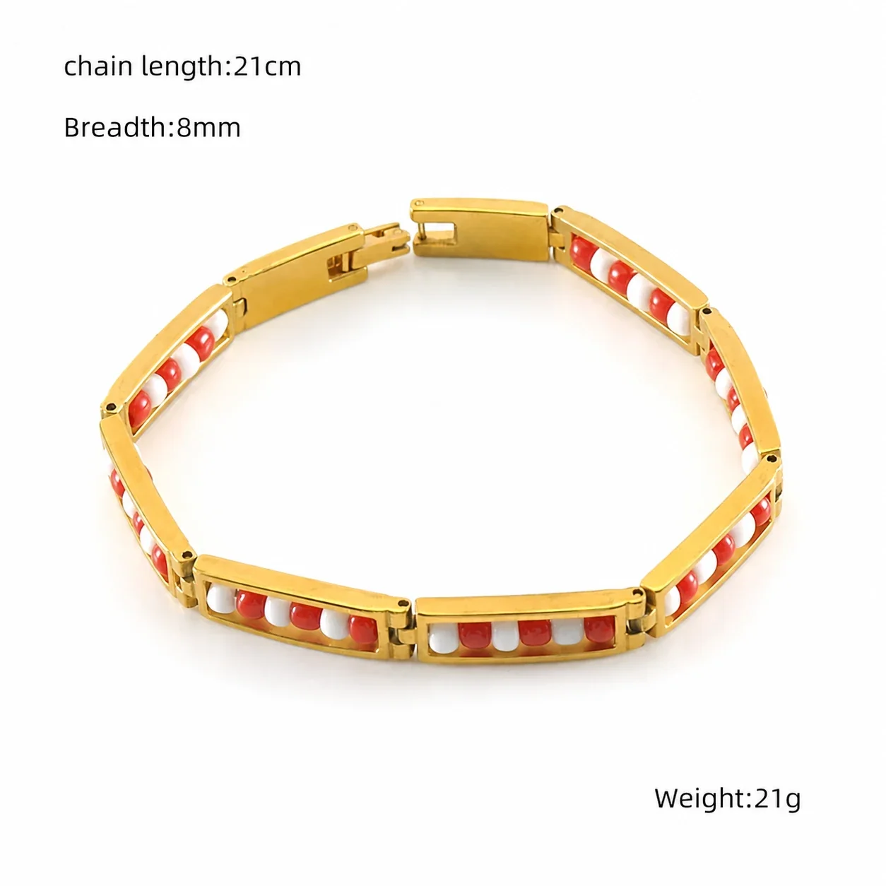 Vivid Gold-Plated Bar Link Beaded Stainless Steel Bracelet - Gold Red White