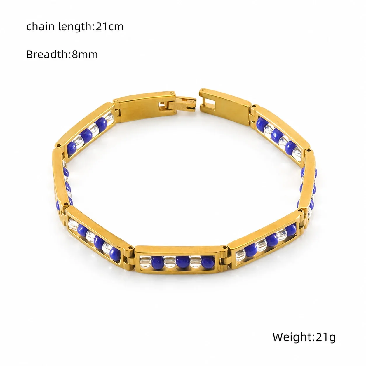 Vivid Gold-Plated Bar Link Beaded Stainless Steel Bracelet - Gold Clear Blue