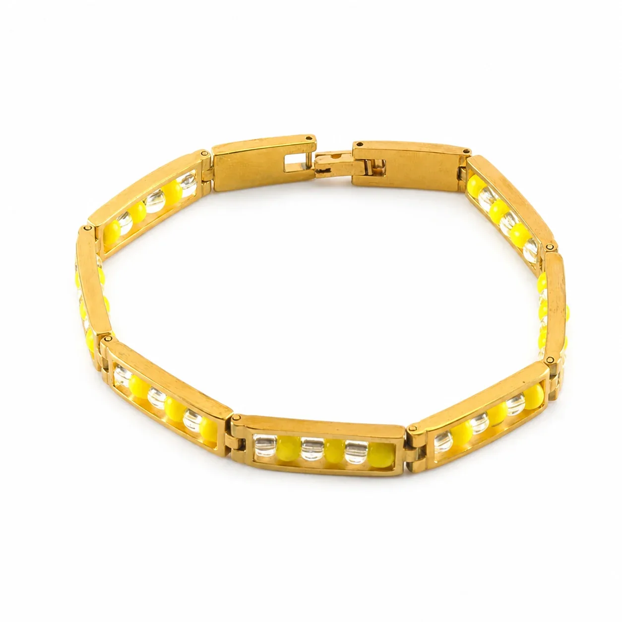 Vivid Gold-Plated Bar Link Beaded Stainless Steel Bracelet - Gold Clear Yellow