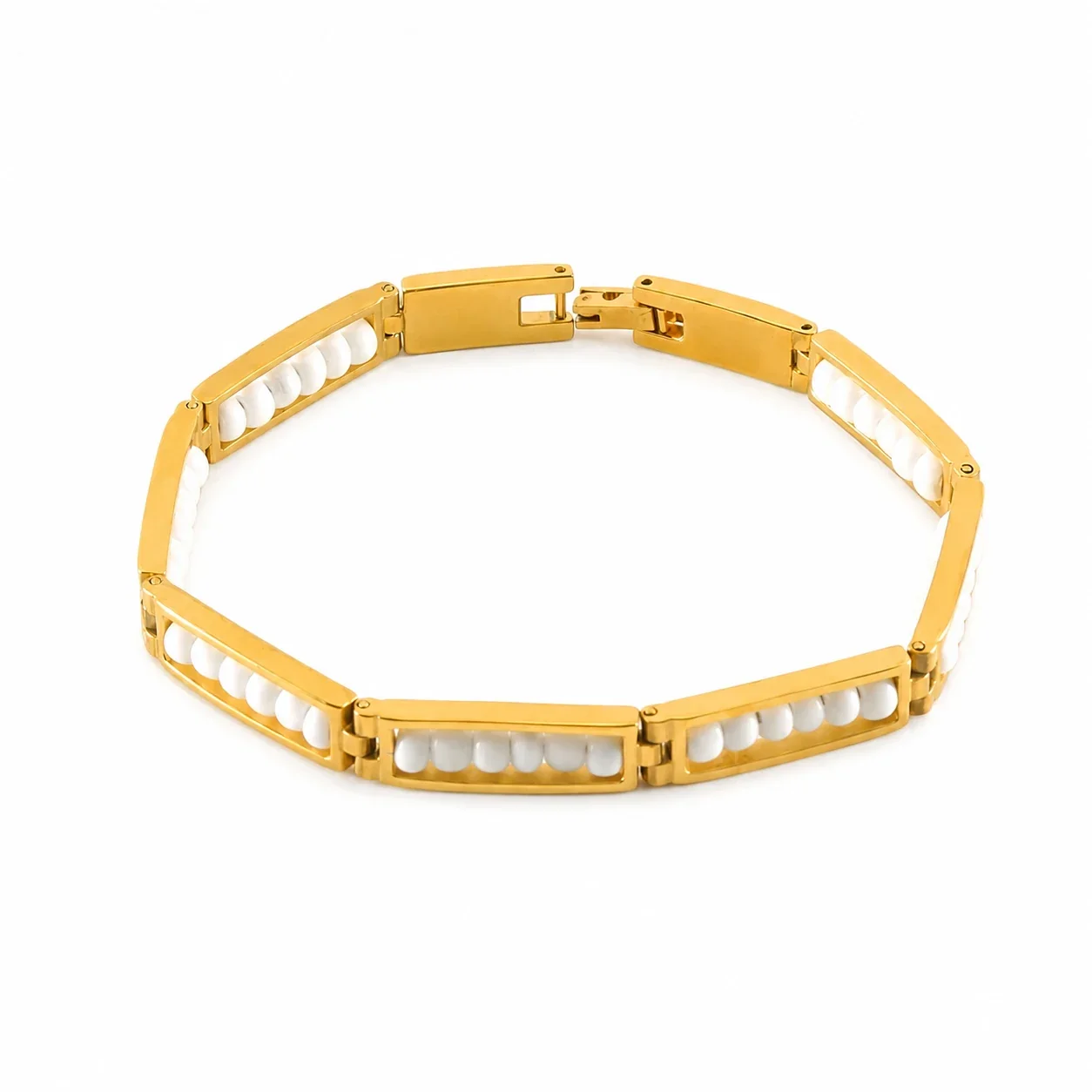 Vivid Gold-Plated Bar Link Beaded Stainless Steel Bracelet - Gold White