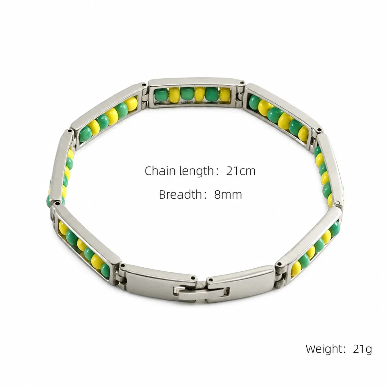 Vivid Gold-Plated Bar Link Beaded Stainless Steel Bracelet - Silver Yellow Green
