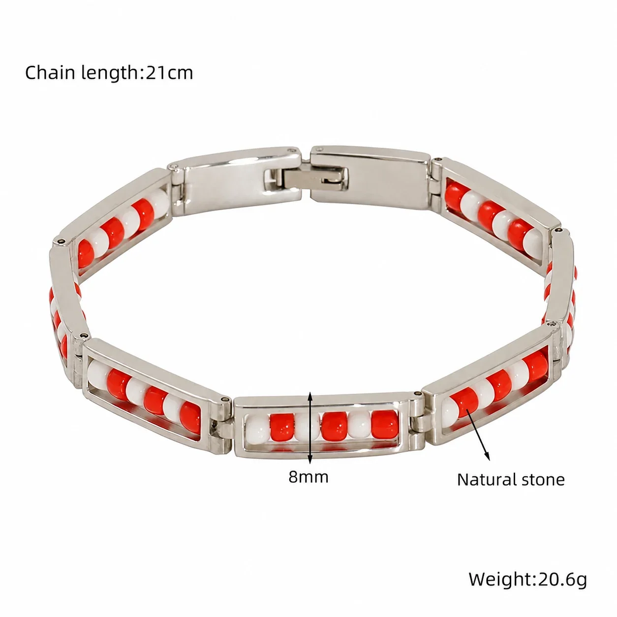 Vivid Gold-Plated Bar Link Beaded Stainless Steel Bracelet - Silver White Red
