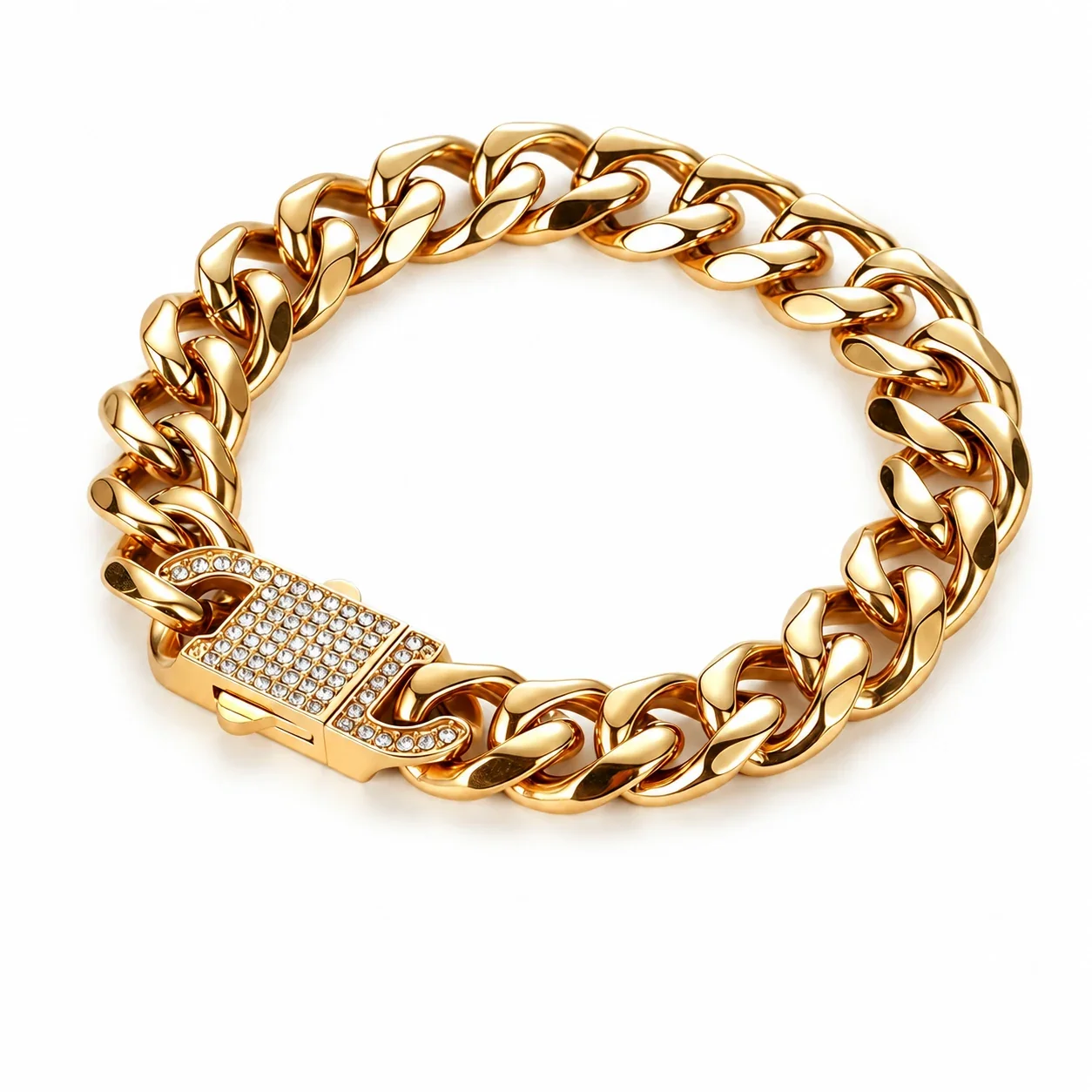 Cuban Link Bracelet with Pavé Box Clasp, Stainless Steel