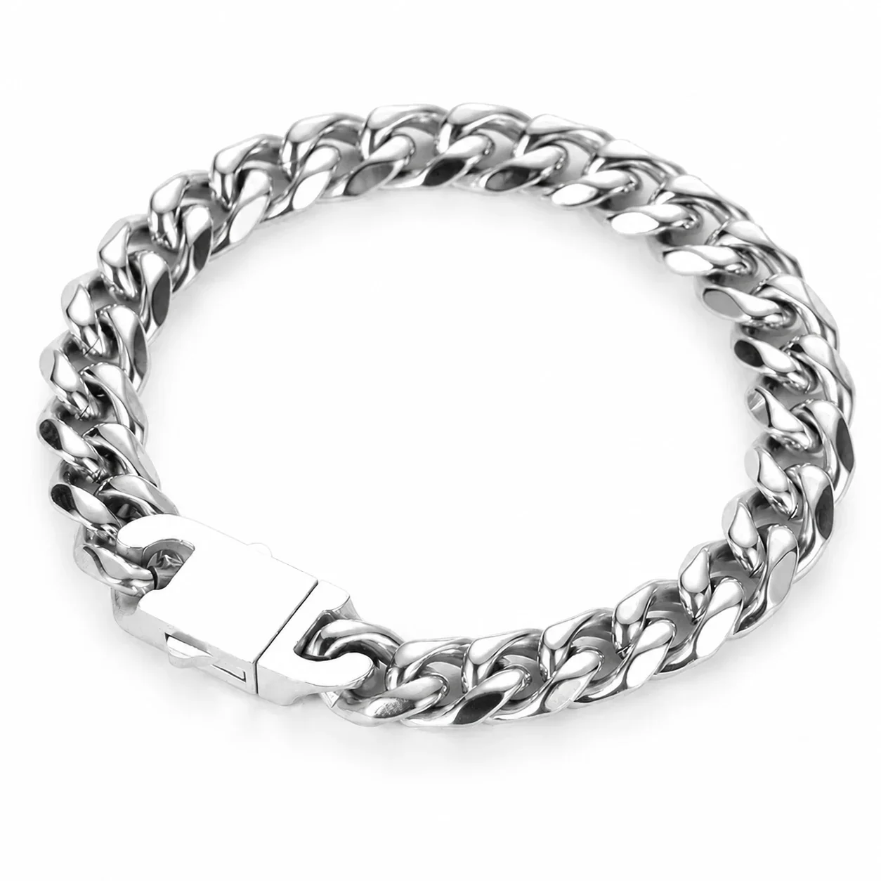 Cuban Link Bracelet with Pavé Box Clasp, Stainless Steel - Silver