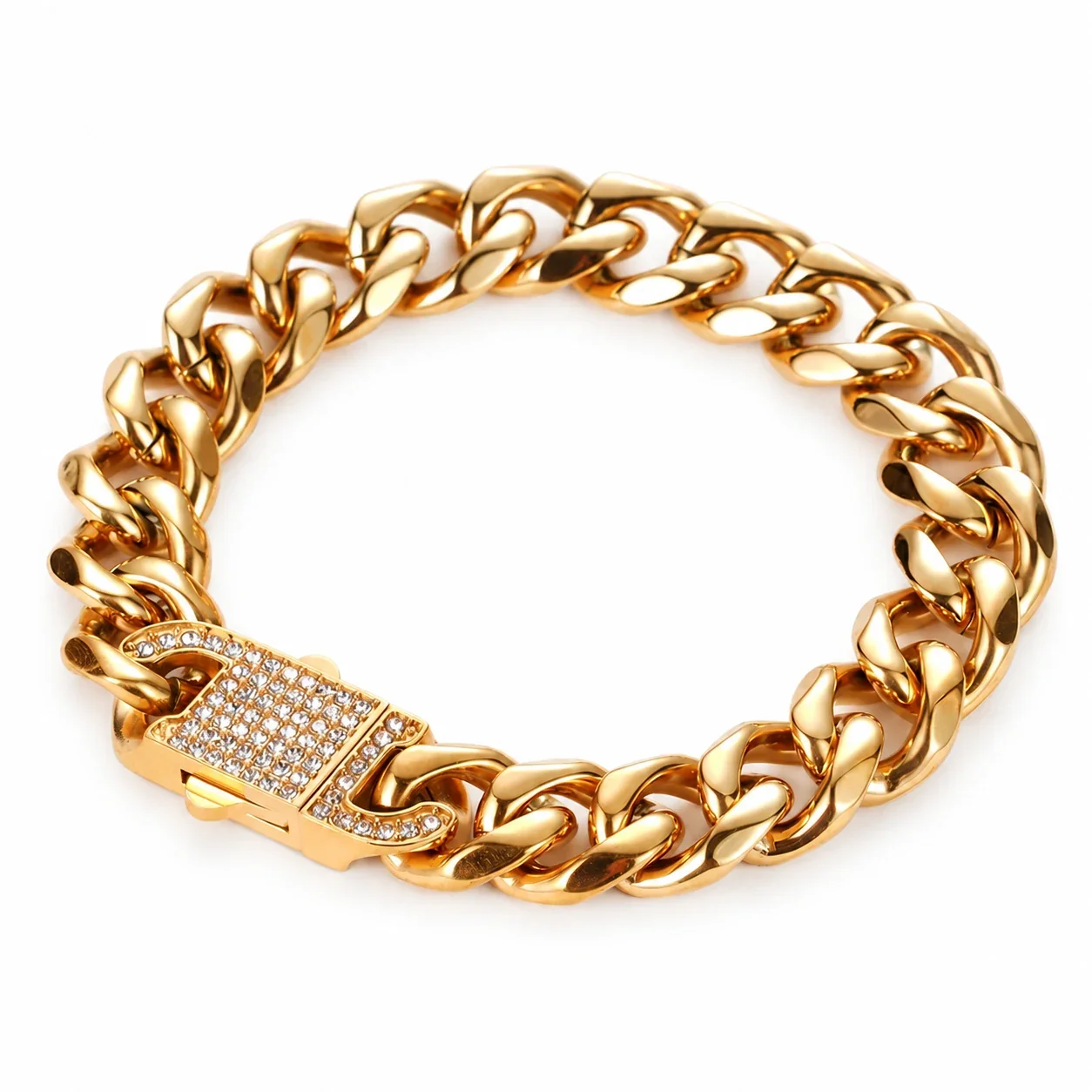 Cuban Link Bracelet with Pavé Box Clasp, Stainless Steel - Gold with Cubic Zirconia
