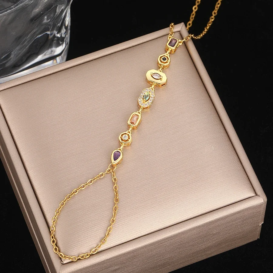 Foto del producto: Pulsera de mano con cadena, estaciones geométricas de cristal, acero inoxidable