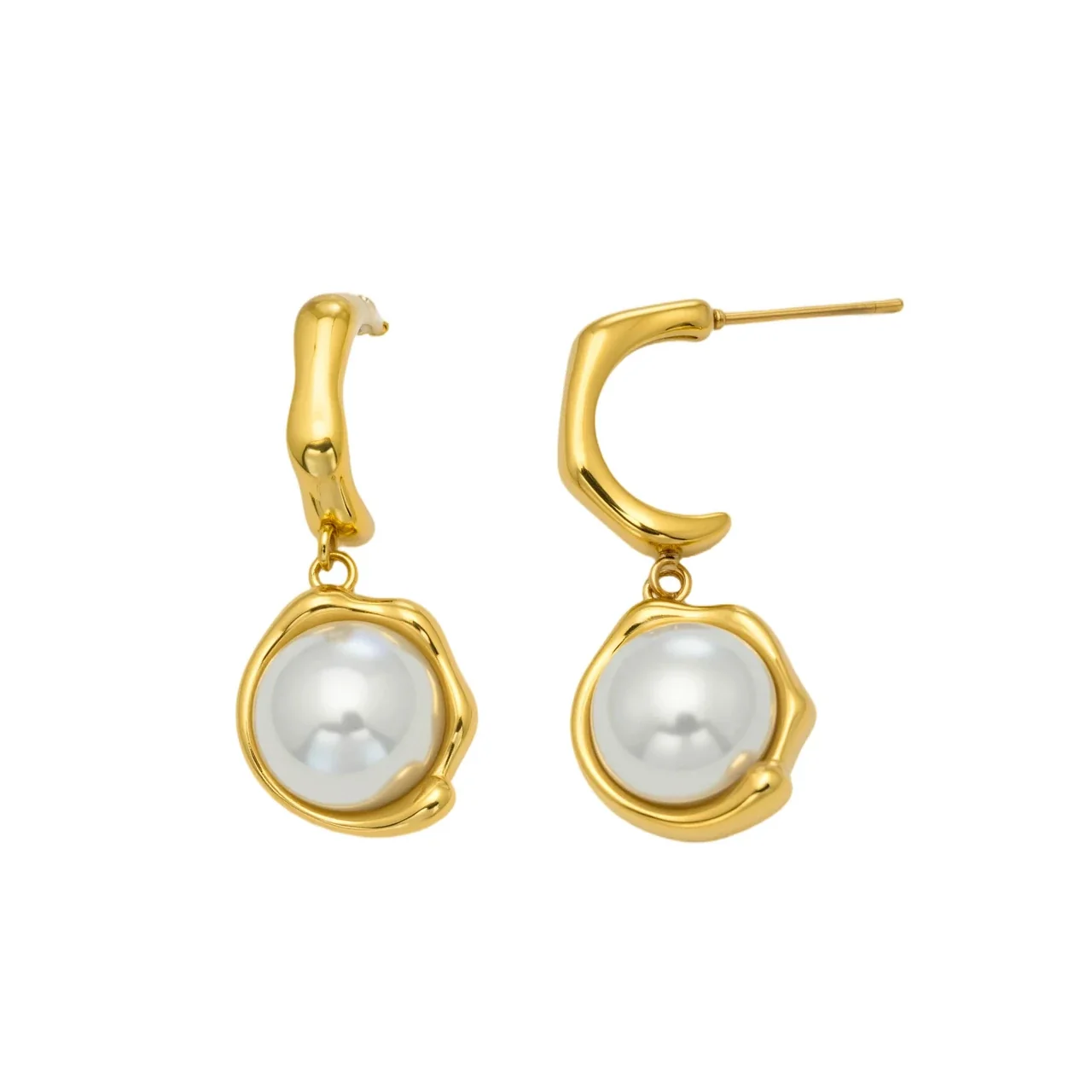 Sculptural 18K Gold PVD 316L Stainless Steel Pearl Drop Hoop Earrings