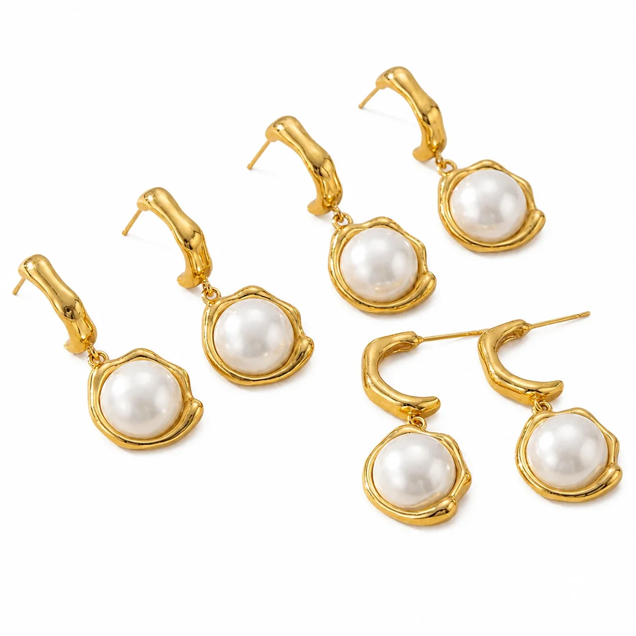 Sculptural 18K Gold-Plated 316L Pearl Drop Hoop Earrings
