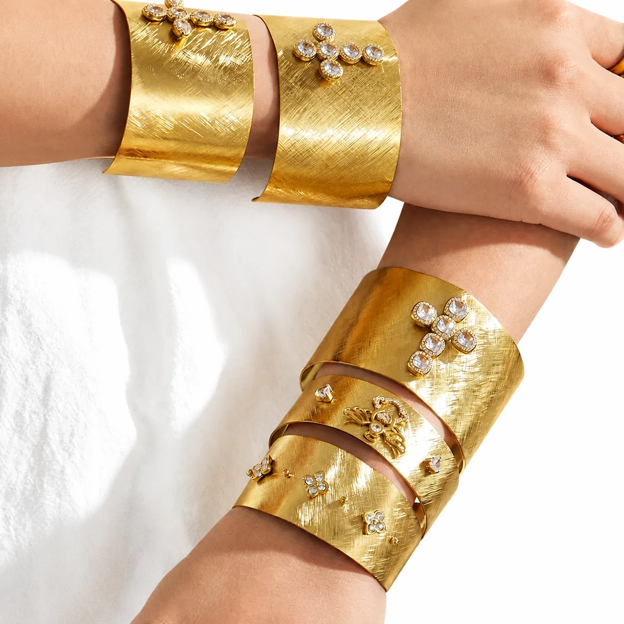 Brushed Gold-Plated 316L CZ Motif Open Cuff Bracelet