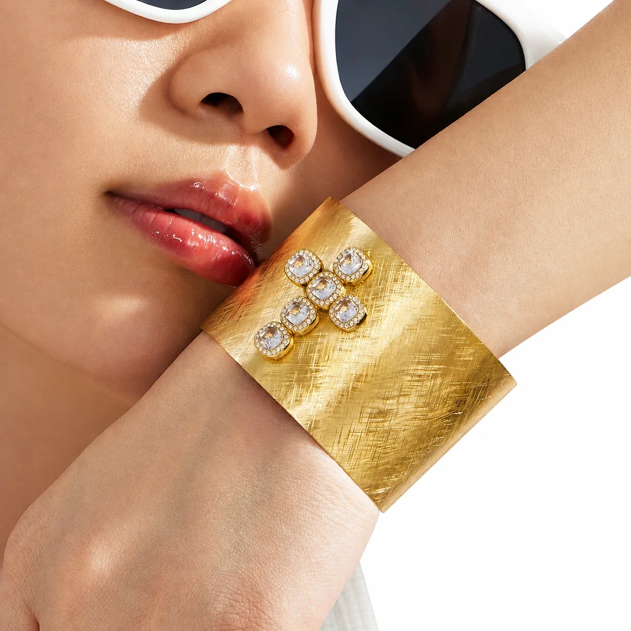 Brushed Gold-Plated 316L CZ Motif Open Cuff Bracelet