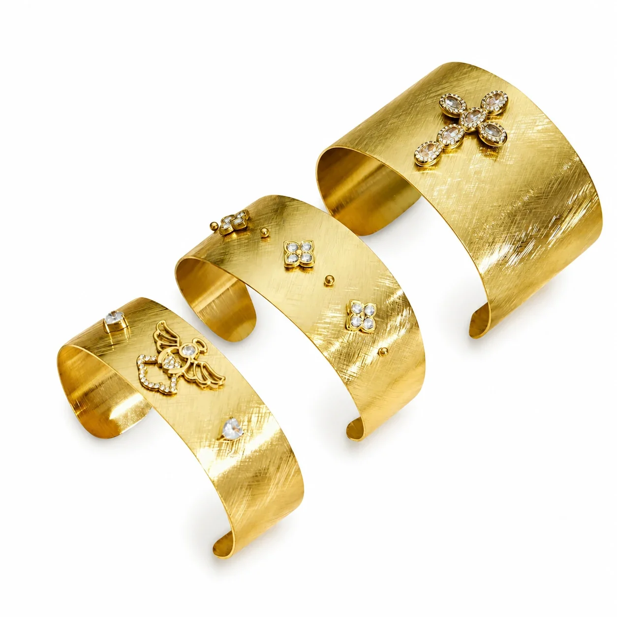 Brushed Gold-Plated 316L CZ Motif Open Cuff Bracelet