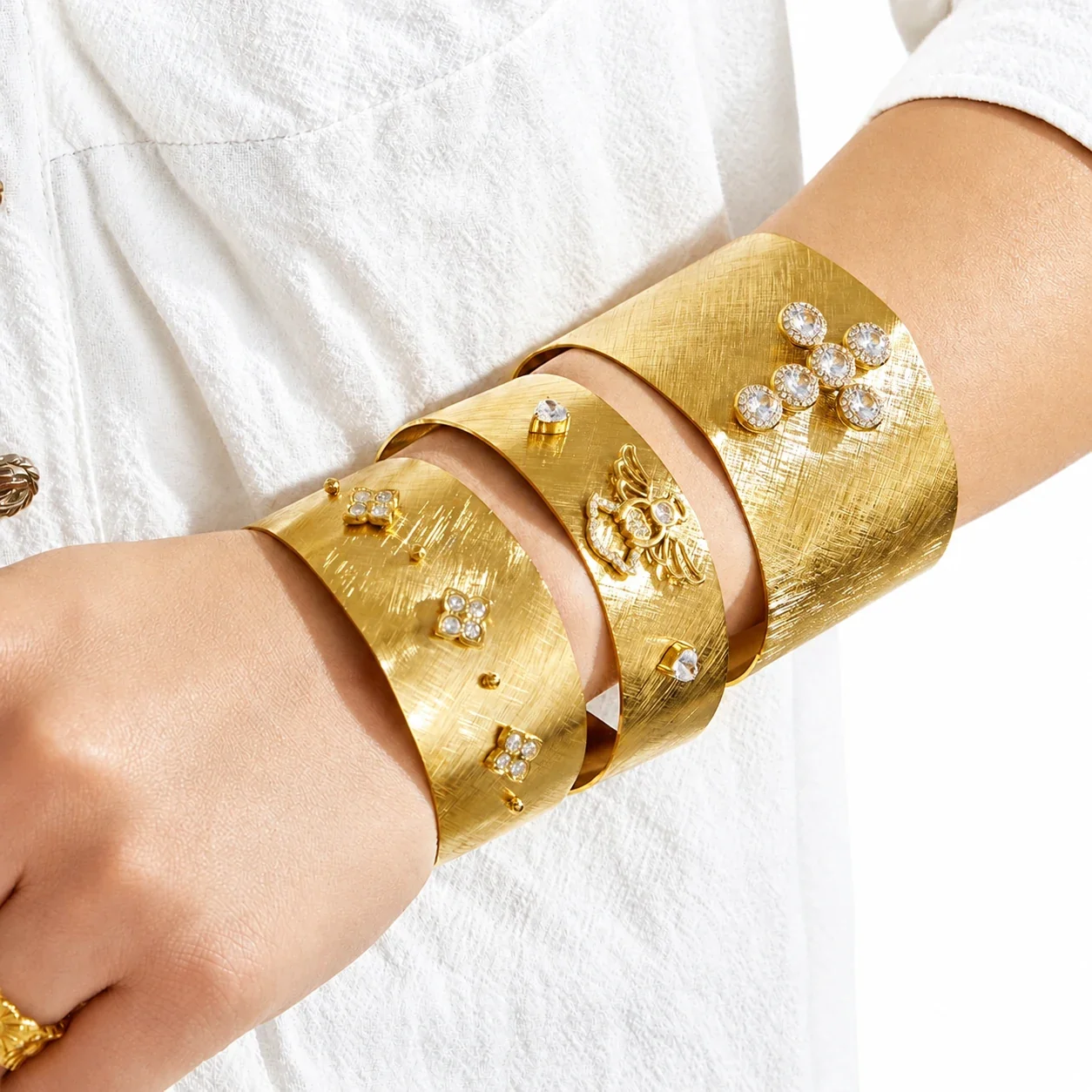 Brushed Gold-Plated 316L CZ Motif Open Cuff Bracelet