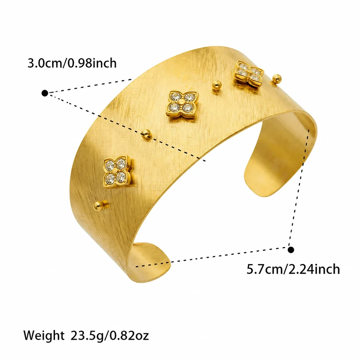 Brushed Gold-Plated 316L CZ Motif Open Cuff Bracelet - Gold Clover CZ Open