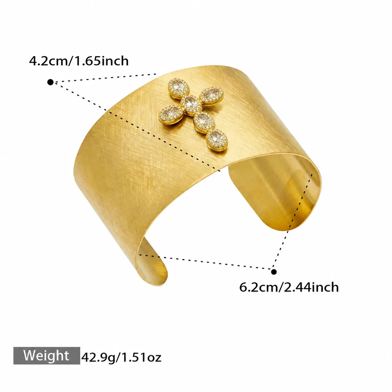 Brushed Gold-Plated 316L CZ Motif Open Cuff Bracelet - Gold Oval CZ Open B