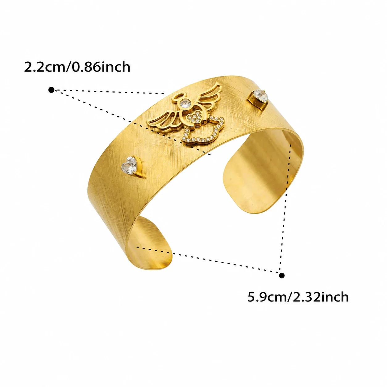 Brushed Gold-Plated 316L CZ Motif Open Cuff Bracelet - Gold Angel CZ Open