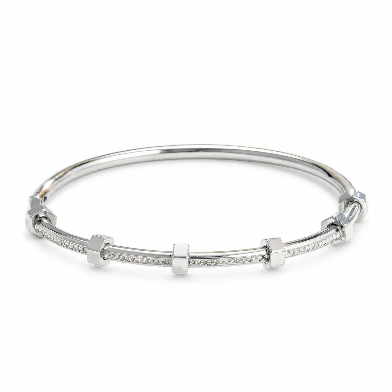 Bangle Crystal Pavé Bar & Square Stations Stainless Steel