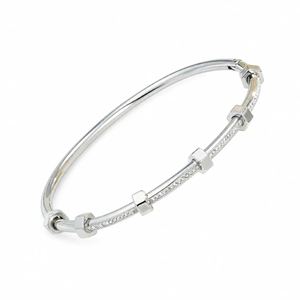 Bangle Crystal Pavé Bar & Square Stations Stainless Steel - Silver