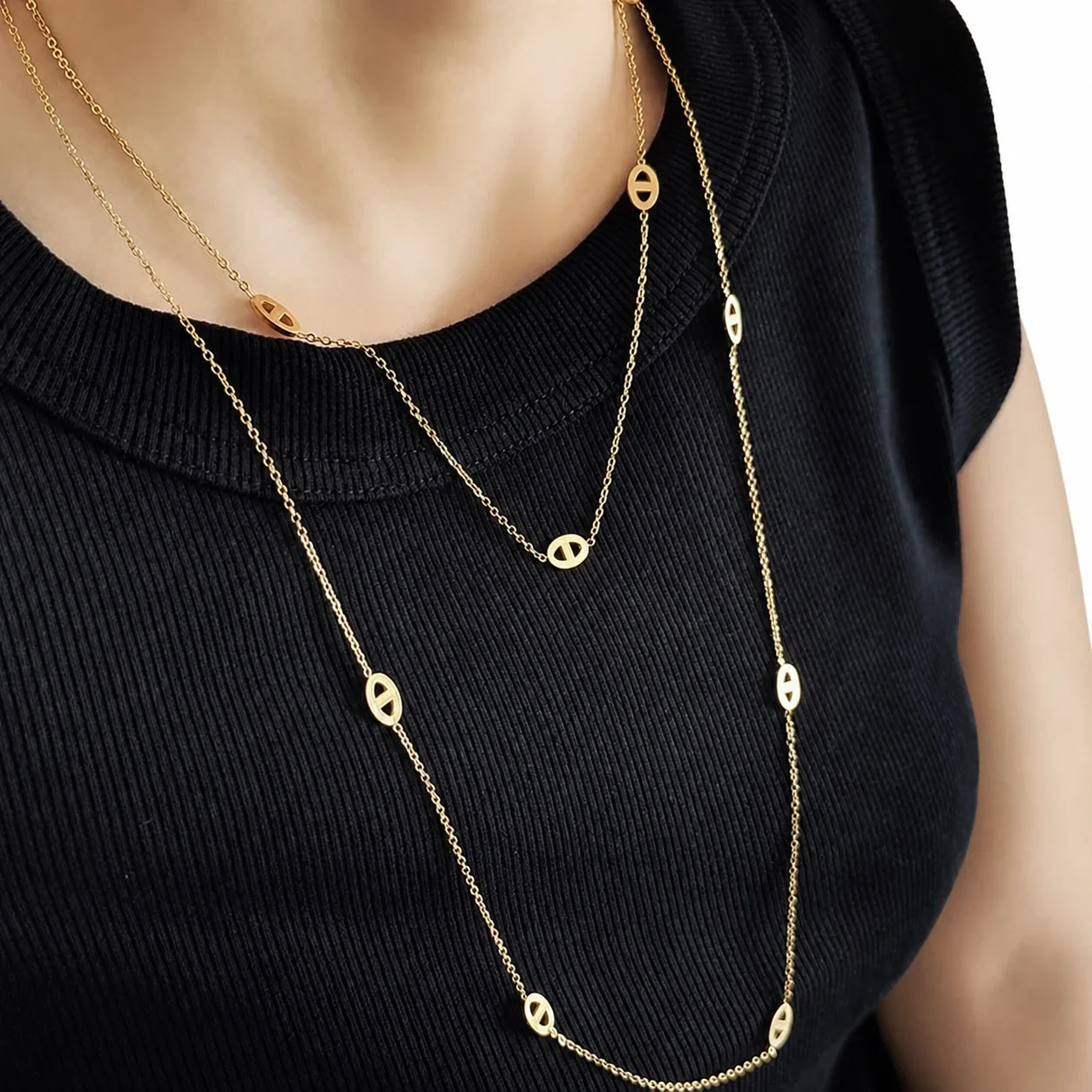 Refined Stainless Steel Oval Link Layered Necklace