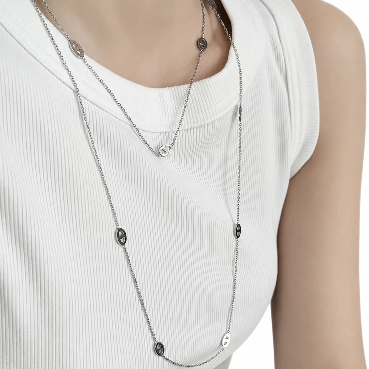 Refined Stainless Steel Oval Link Layered Necklace