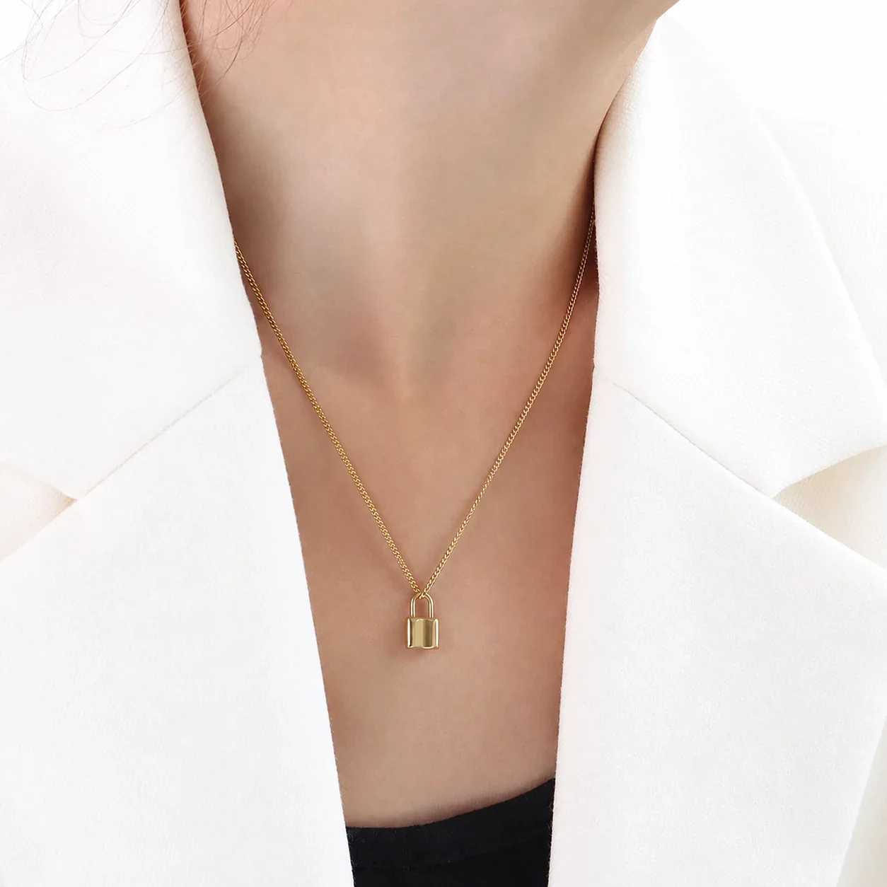 Refined 316 Stainless Steel Padlock Pendant Necklace - Gold Recessed Lock + cm
