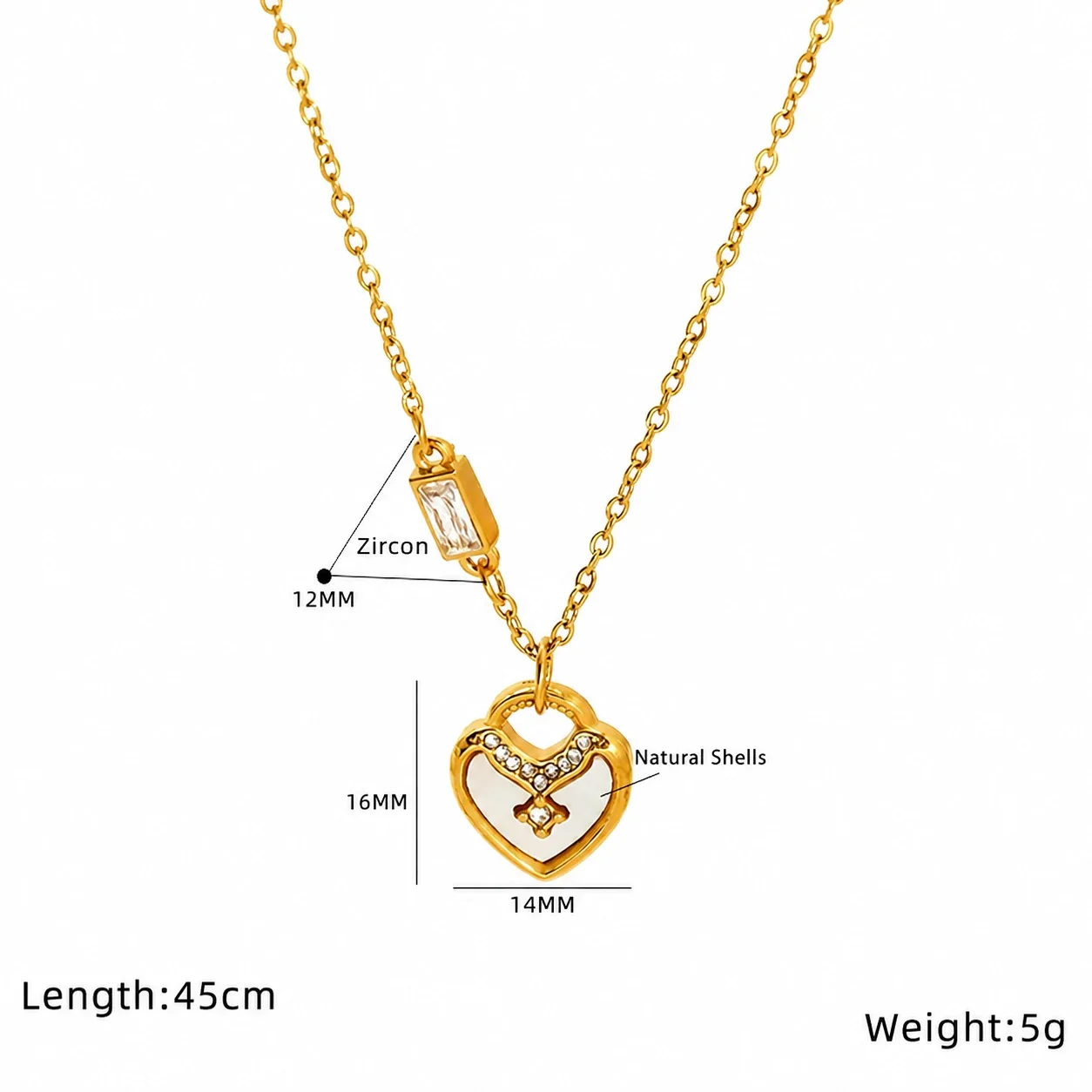 Radiant Gold-Plated Stainless Steel Shell Heart Pendant Necklace