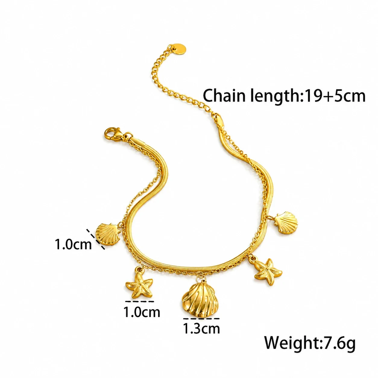 Photo produit : Bracelet de cheville à breloques coquillages et étoiles de mer, acier inoxydable