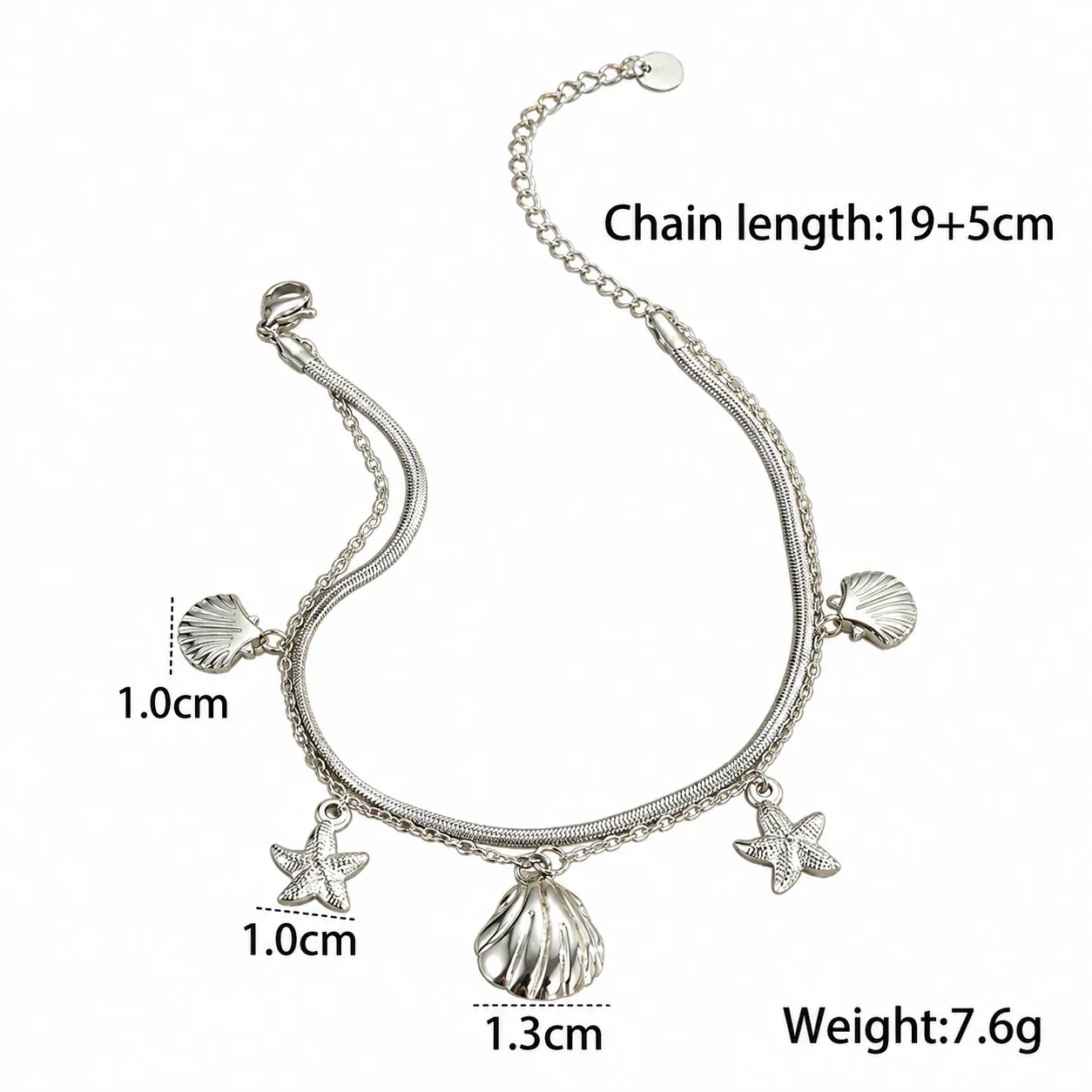 Photo produit : Bracelet de cheville à breloques coquillages et étoiles de mer, acier inoxydable
