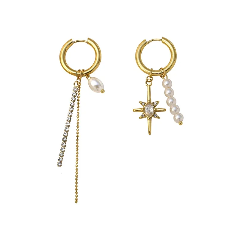 Hoop Earrings with Pearl Drops Star Charm Gold-Plated Steel