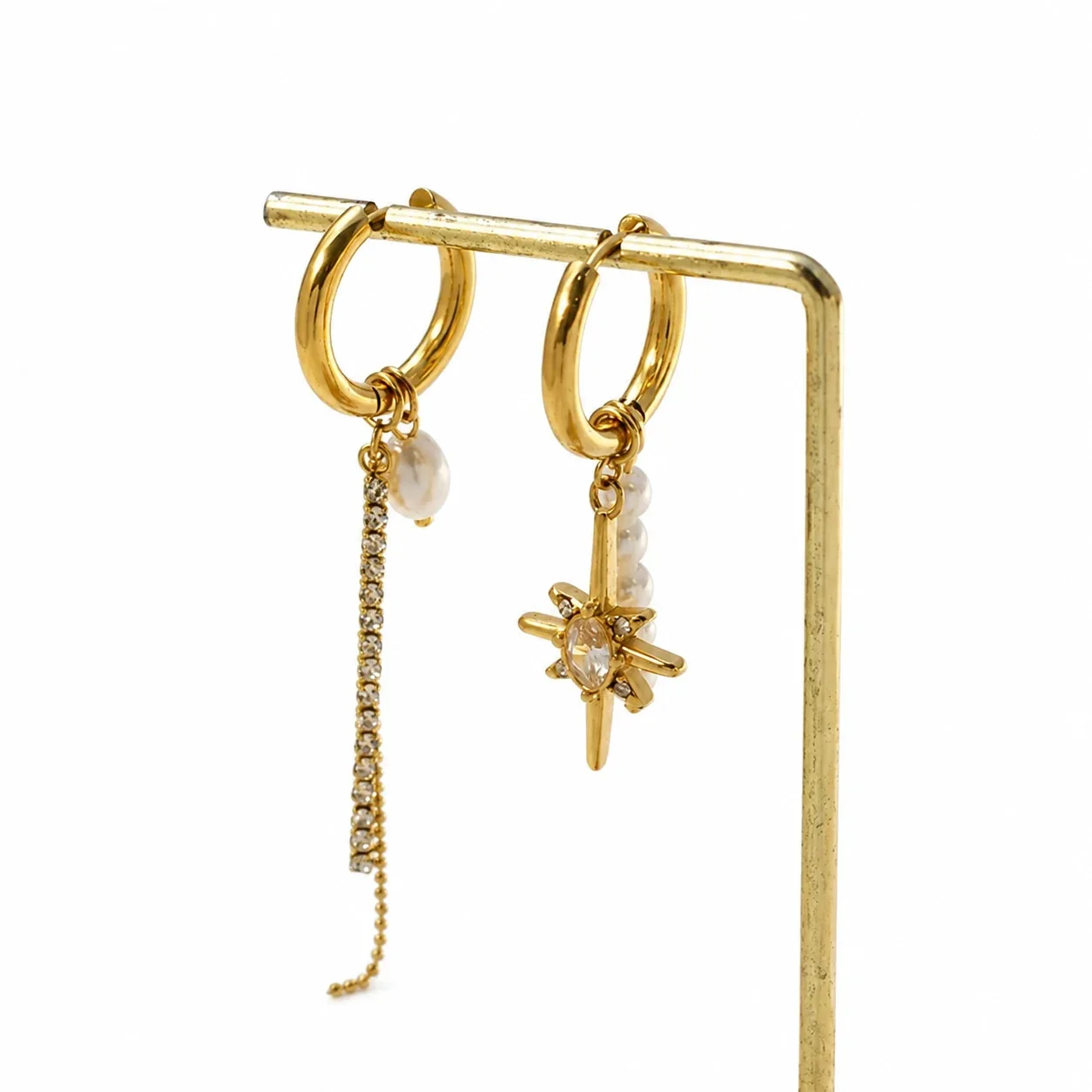 Hoop Earrings with Pearl Drops Star Charm Gold-Plated Steel