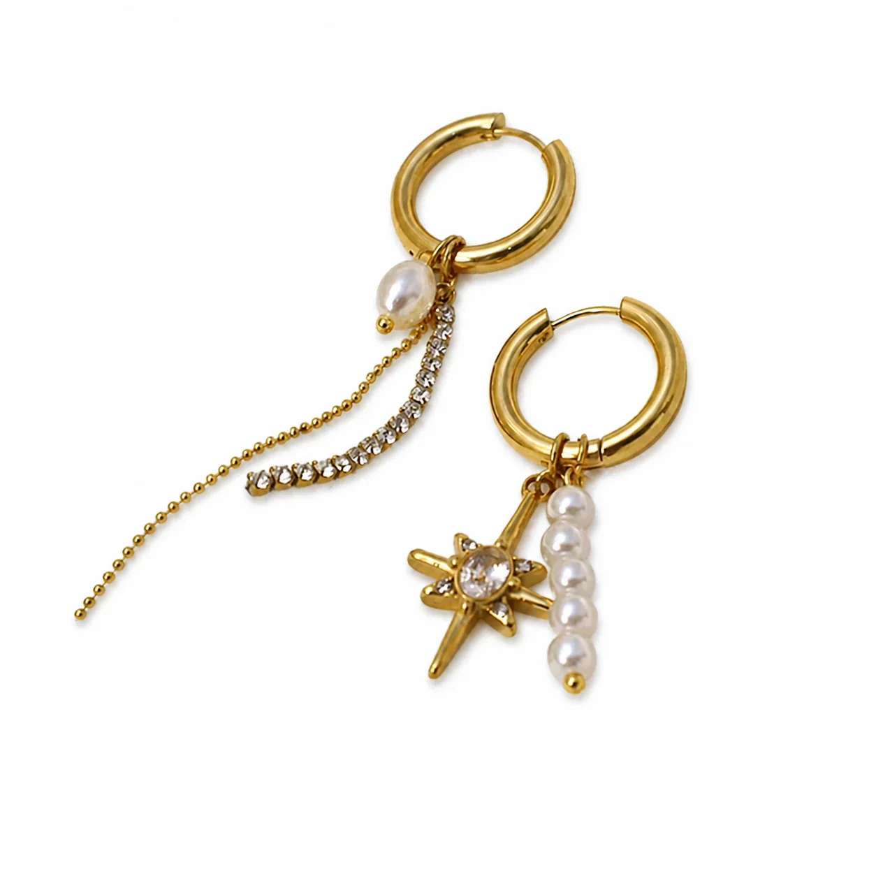 Hoop Earrings with Pearl Drops Star Charm Gold-Plated Steel