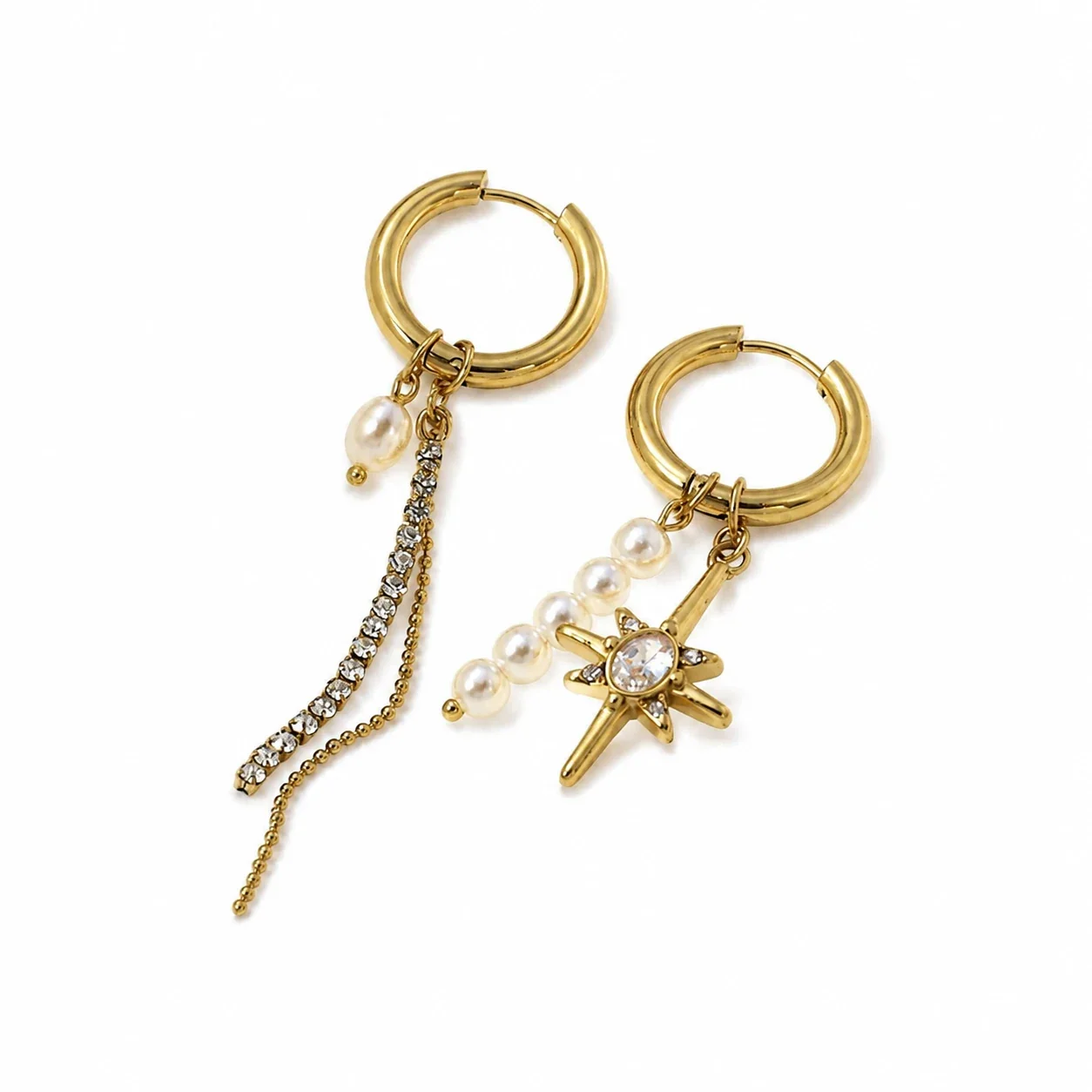 Hoop Earrings with Pearl Drops Star Charm Gold-Plated Steel