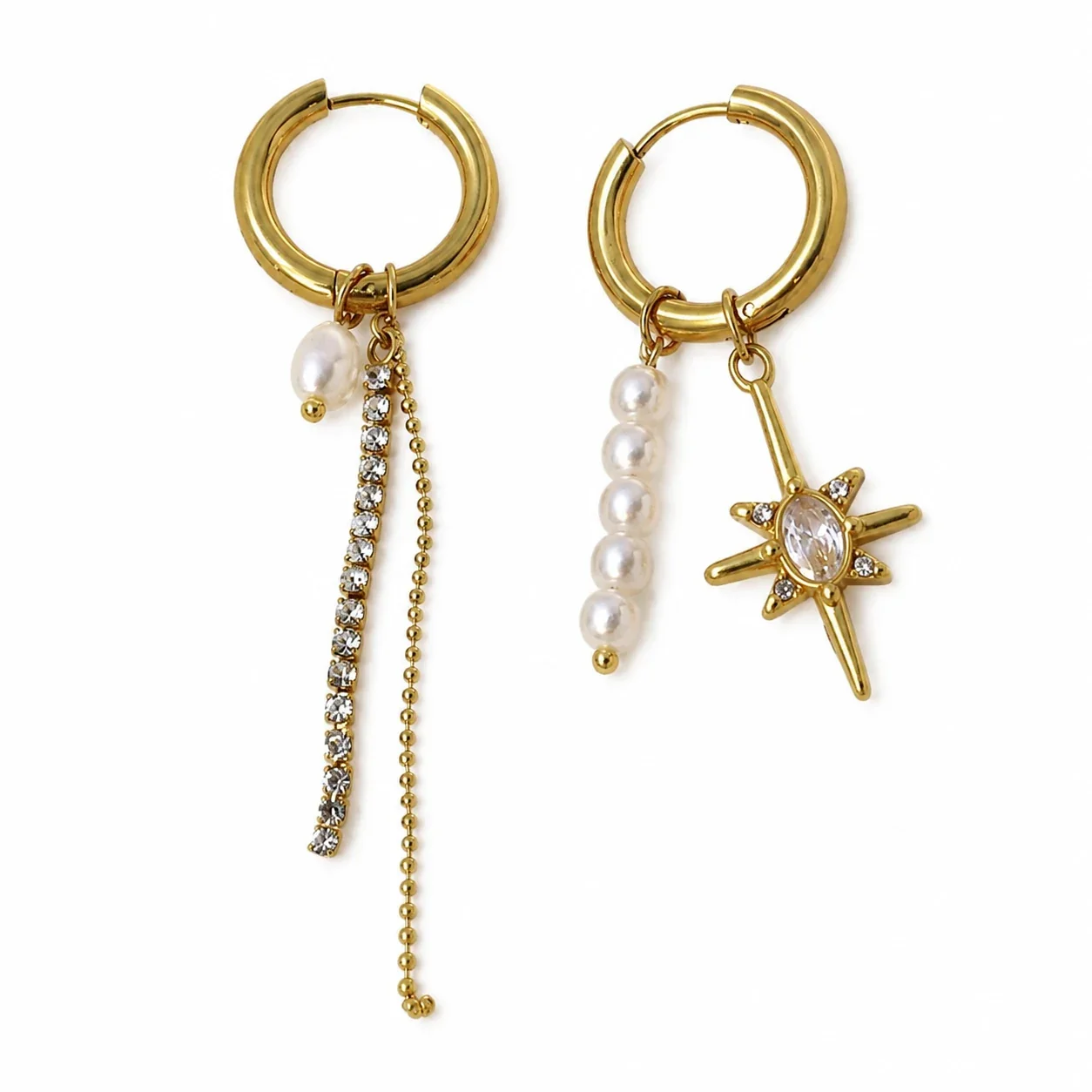 Hoop Earrings with Pearl Drops Star Charm Gold-Plated Steel