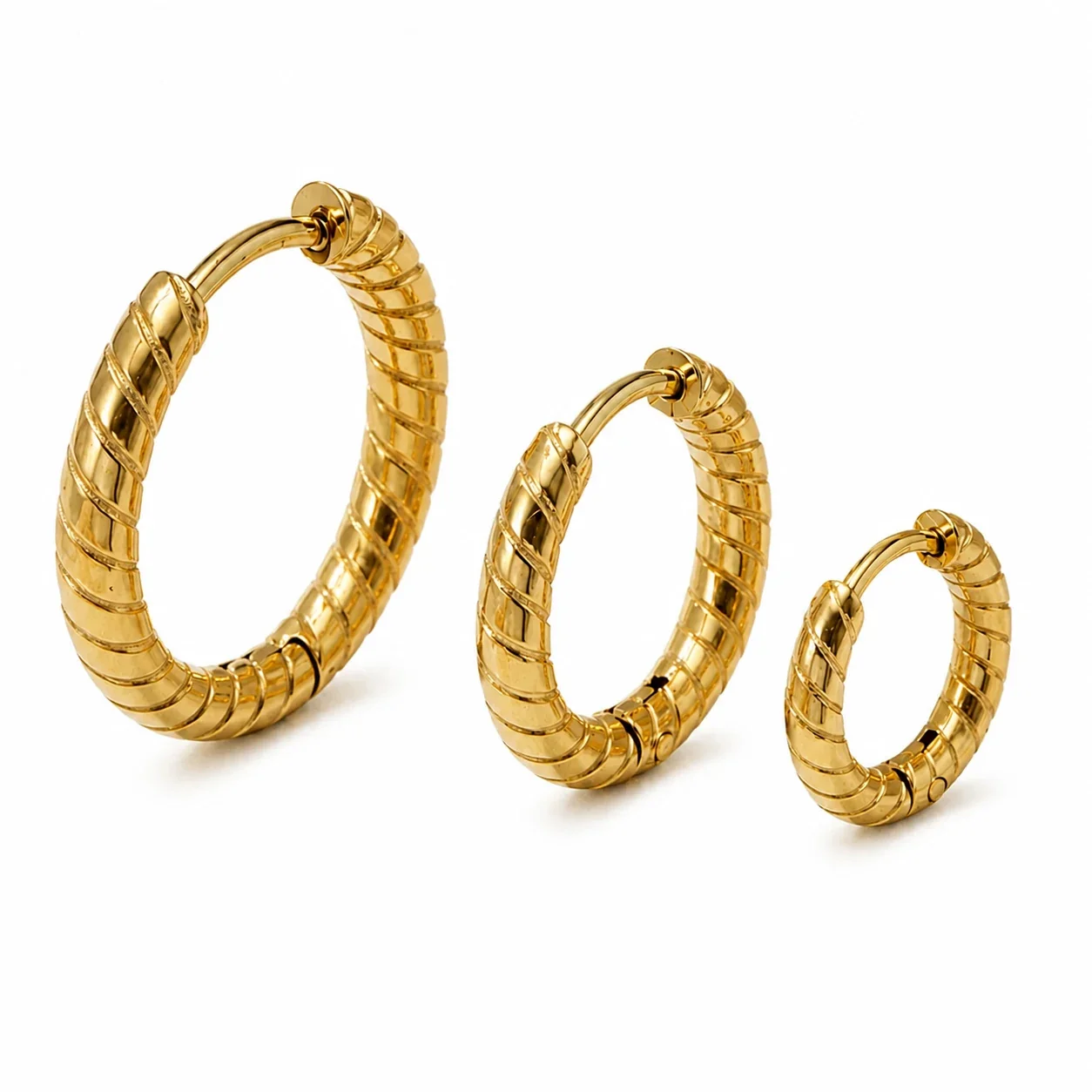 Ribbed 316L Stainless Steel Twisted C-Shaped Huggie PVD Hoop Earrings