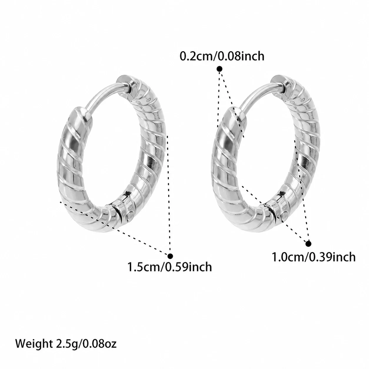 Ribbed 316L Twisted C-Shaped Huggie Hoop Earrings - Silver 10 mm