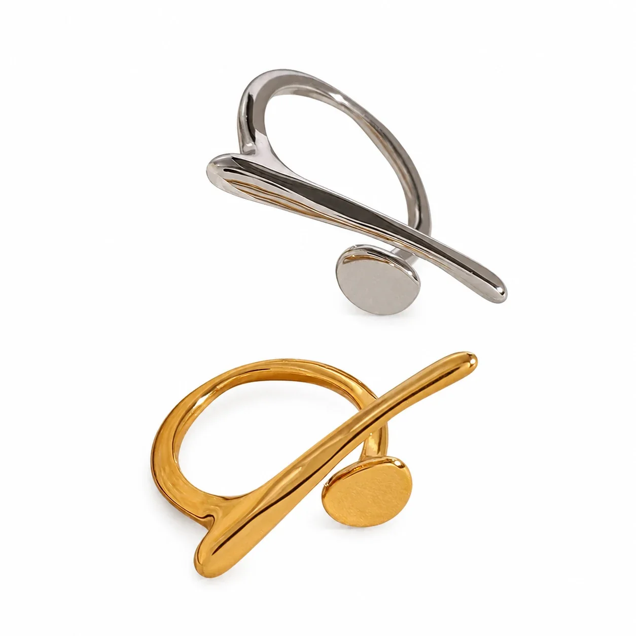 Sculptural Stainless Steel Open Bar Disc Statement Ring