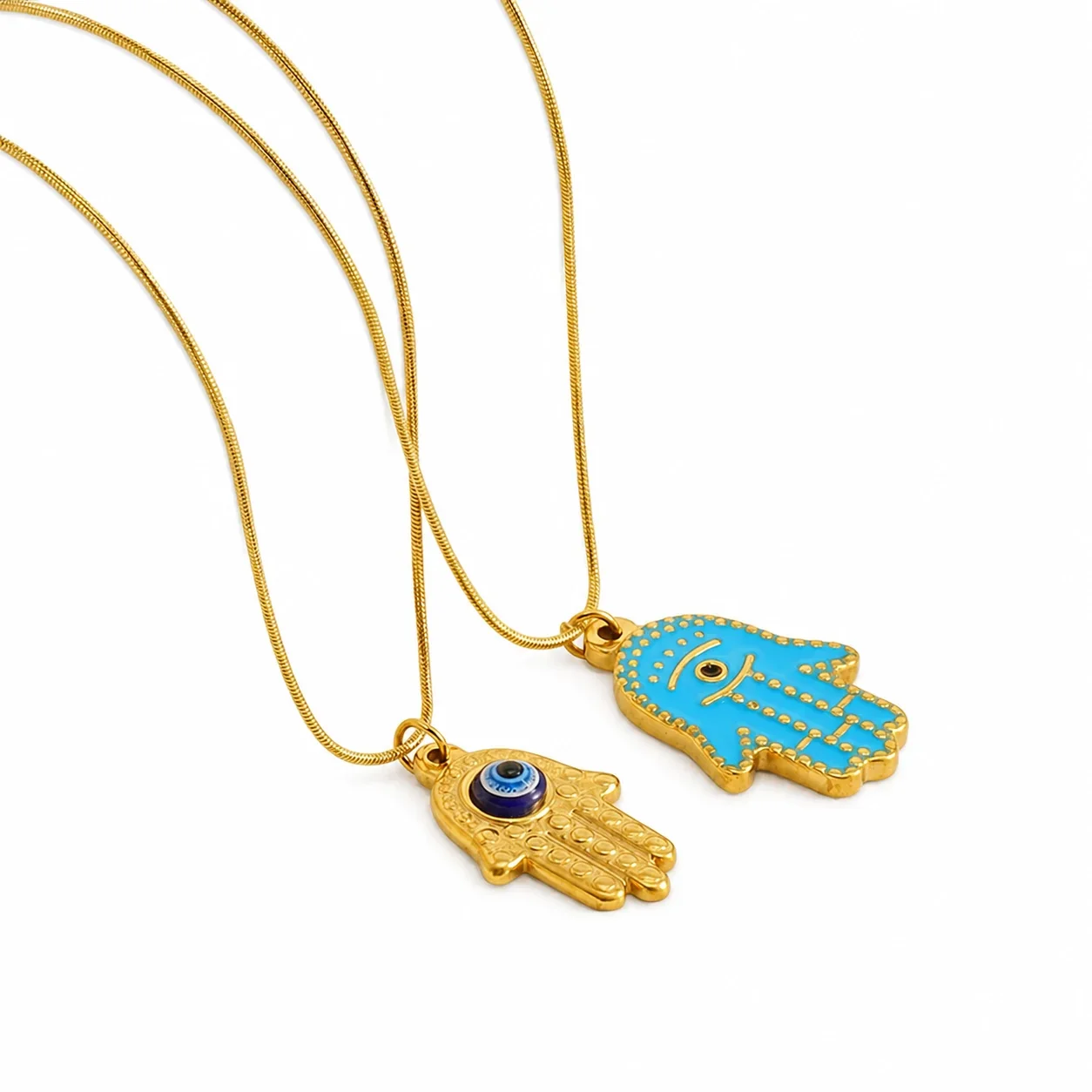 Ornate Gold-Plated Stainless Steel Hamsa Evil Eye Necklace