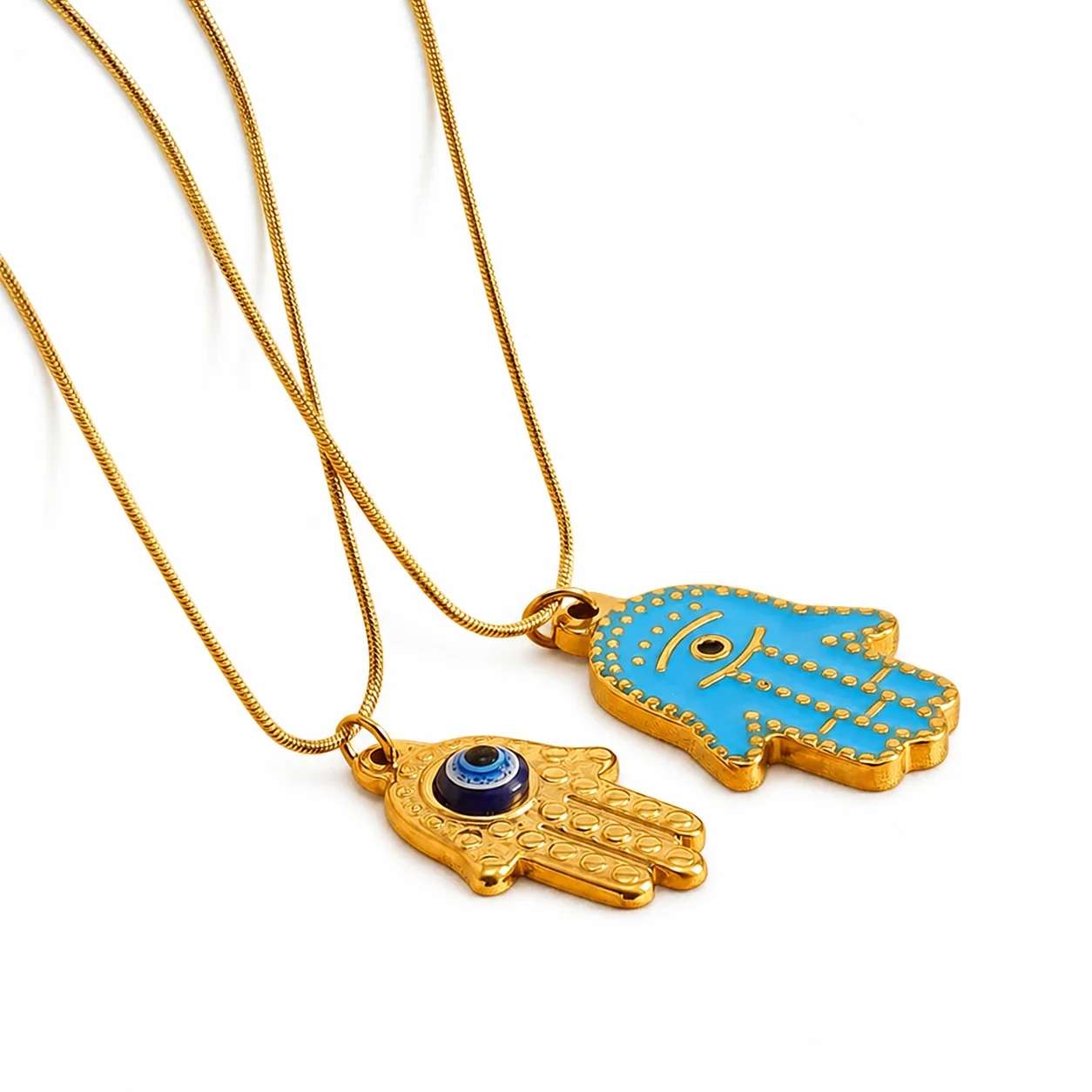 Ornate Gold-Plated Stainless Steel Hamsa Evil Eye Necklace