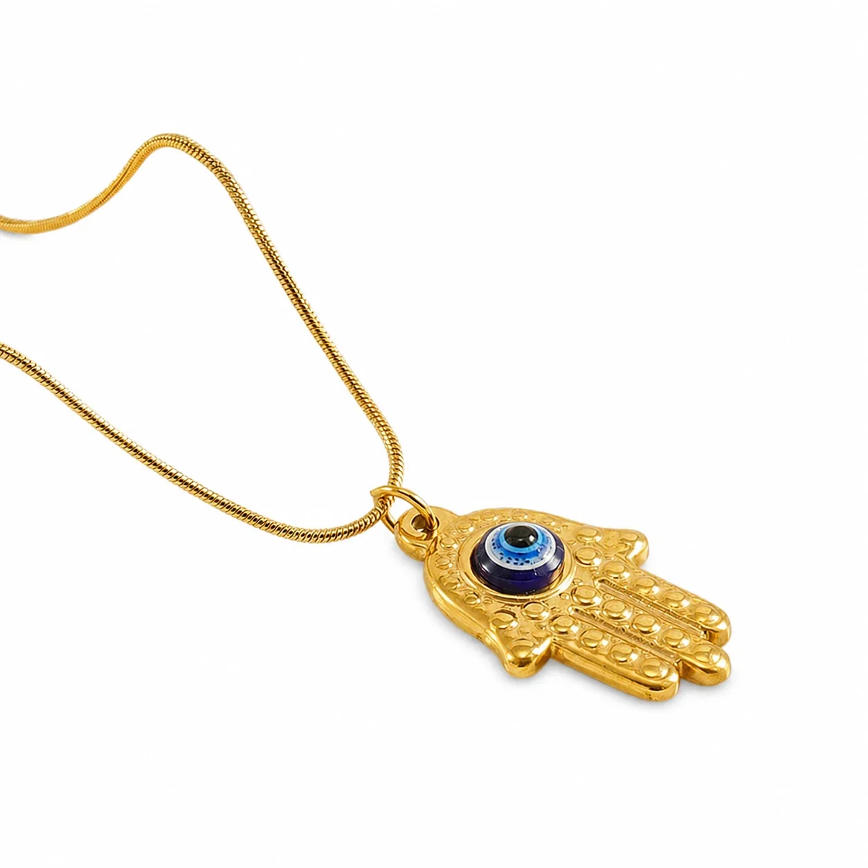 Ornate Gold-Plated Stainless Steel Hamsa Evil Eye Necklace