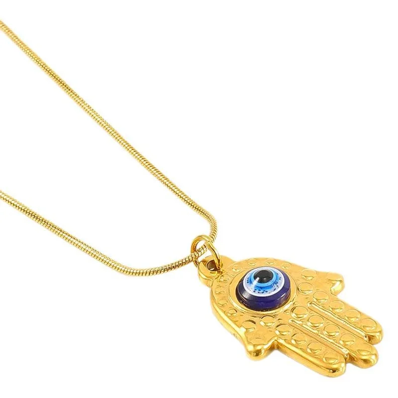 Ornate Gold-Plated Stainless Steel Hamsa Evil Eye Necklace