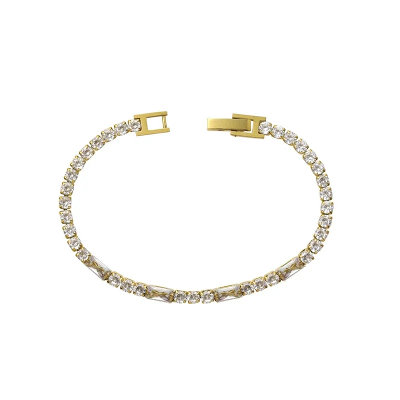Tennis Bracelet with Baguette CZ Accents, Gold-Plated Steel