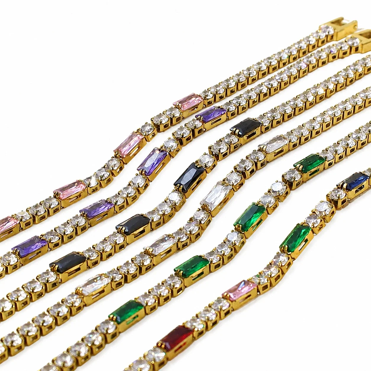 Tennis Bracelet with Baguette CZ Accents, Gold-Plated Steel