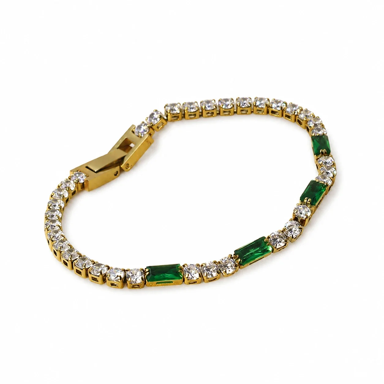 Tennis Bracelet with Baguette CZ Accents, Gold-Plated Steel