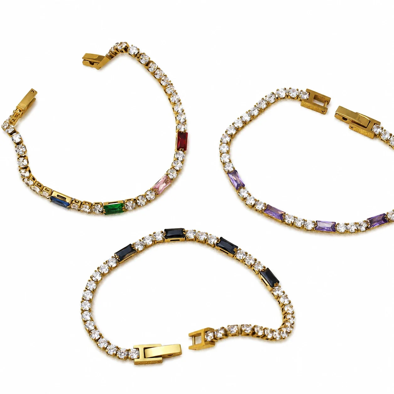Tennis Bracelet with Baguette CZ Accents, Gold-Plated Steel