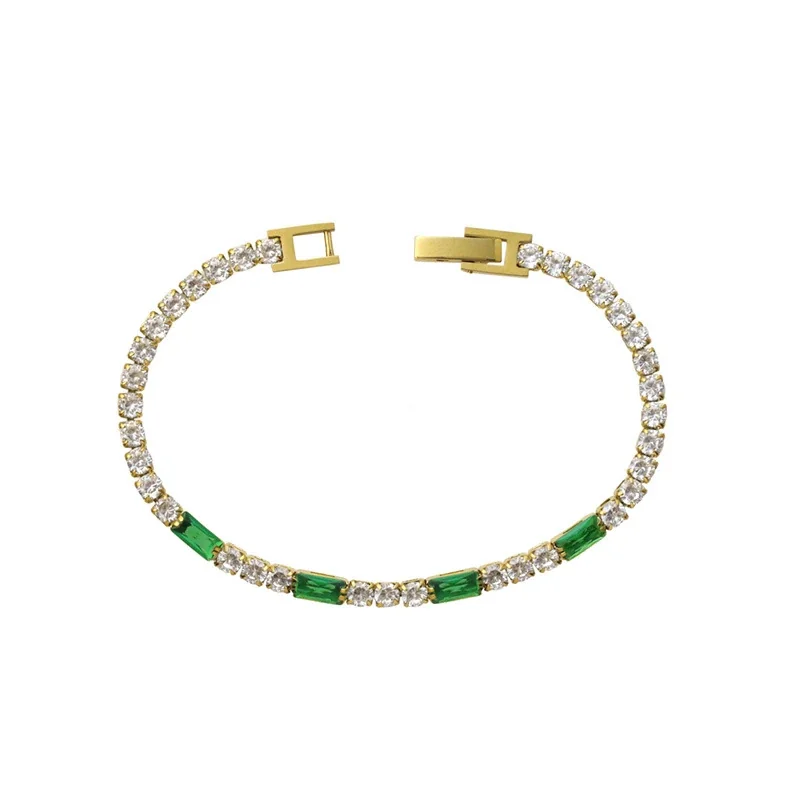 Tennis Bracelet with Baguette CZ Accents, Gold-Plated Steel - Green CZ