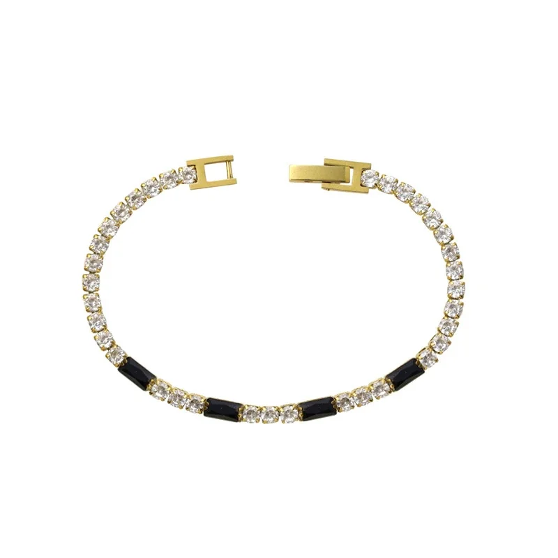 Tennis Bracelet with Baguette CZ Accents, Gold-Plated Steel - Black CZ