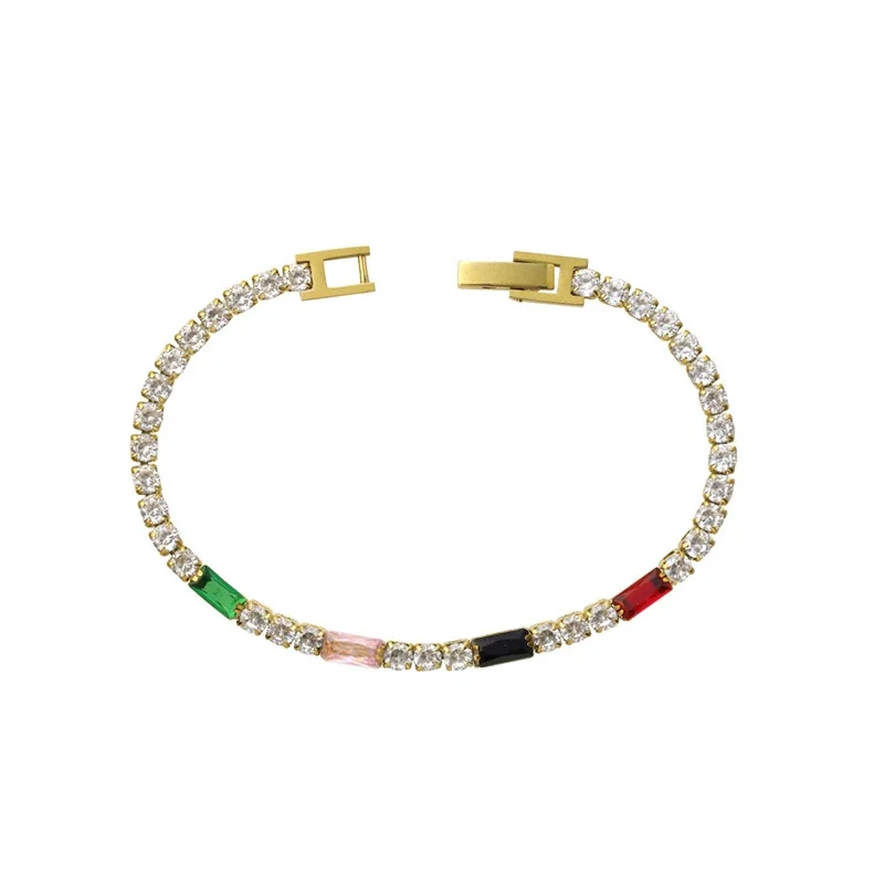 Tennis Bracelet with Baguette CZ Accents, Gold-Plated Steel - Multicolor CZ